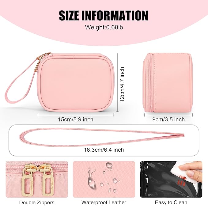 Relavel Mini Makeup Bag with Led Mirror, Small Cosmetic Bag with 3 Light Modes, Rechargeable Portable Makeup Pouch with Hands-Free Wrist Strap for Pool Parties丨Work Touch-Ups丨Travel - Pink