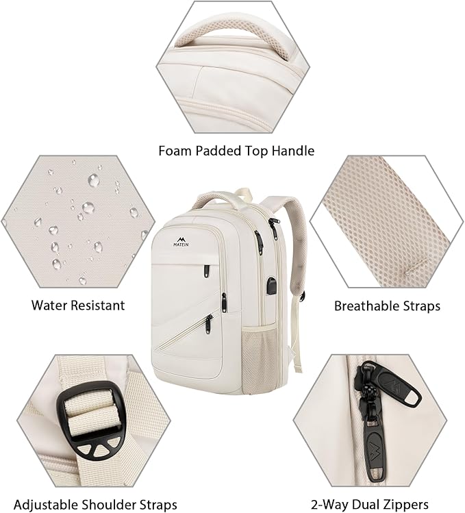 MATEIN 17 Inch Laptop Bookbag for Women, College School Backpack Large Capacity with USB Port & Luggage Strap, Water Resistant Padded Computer Backpack TSA Approved for Nurse Work Travel, Beige