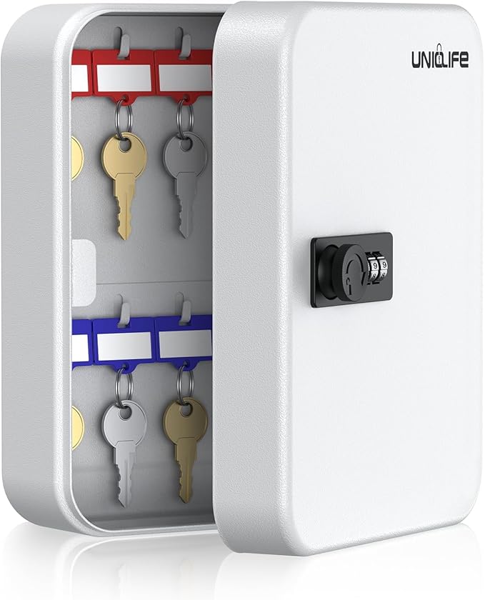 Uniclife 20 Position Key Cabinet with Combination Lock Resettable White Digital Security Storage Box Steel Key Organizer with Colorful Key Tag Labels Stickers and Hooks
