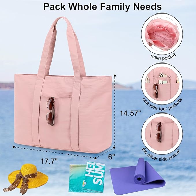 LEDAOU Beach Bags for Women, Beach Bags Waterproof Sandproof, Packable Beach Tote Bag with Zipper Travel Sports