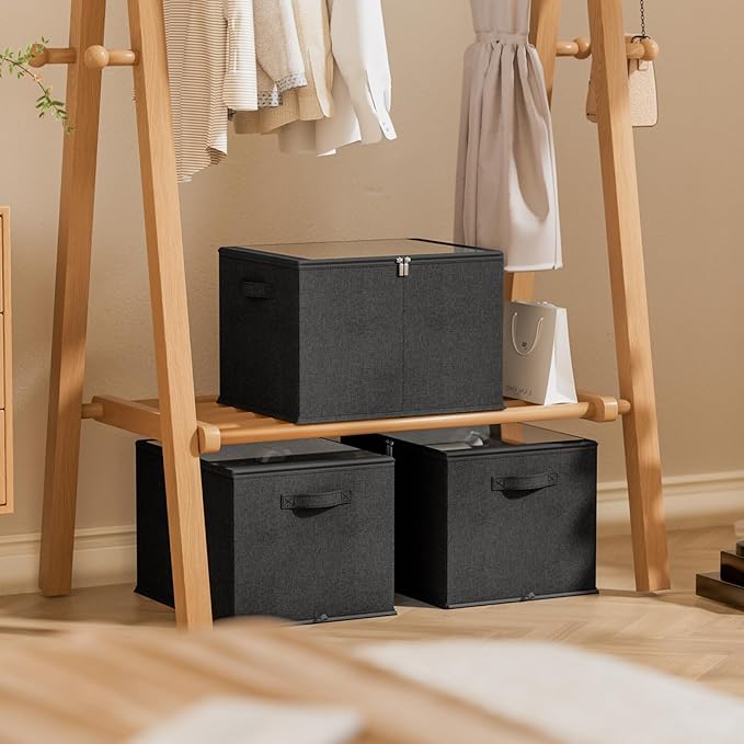 Shoe Organizer for Closet, 2 Pack Sturdy Shoe Storage Bins with Clear Cover, Fits 16-32 Pairs, Foldable Shoe Storage Box with Reinforced Handles (Black, 19.7 * 15.7 * 12.6in)
