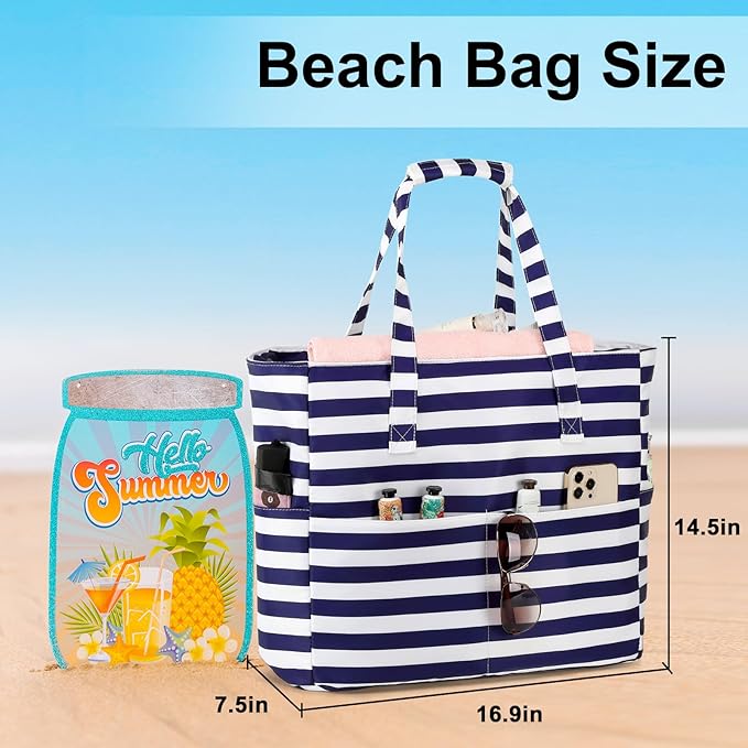 LEDAOU Beach Bag Waterproof Sandproof Women Tote Bag Pool Bag with Zipper for Gym Grocery Travel with Wet Pocket
