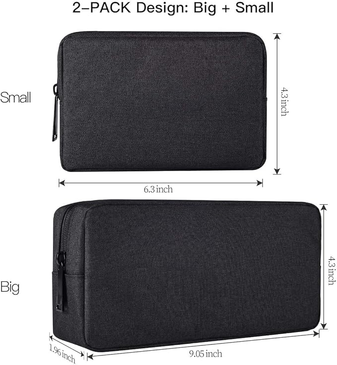 imComor Universal Electronics Accessories Case, 2-Pack Portable Soft Carrying Case Bag Wire Cable Organizer for Hard Drive, Power Adapter, Laptop Mouse, Cosmetics Kit, Small+Big-Black