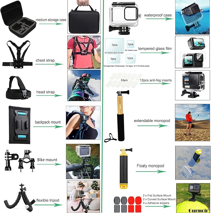 Gurmoir Accessory Kit with Waterproof Case for Go Pro Hero 13 12 11 10 9 Black. Underwater Diving Housing Floating Hand Grip Screen Protector Bundle Pack for GoPro 13 12 11 10 9 Camera(DT13)