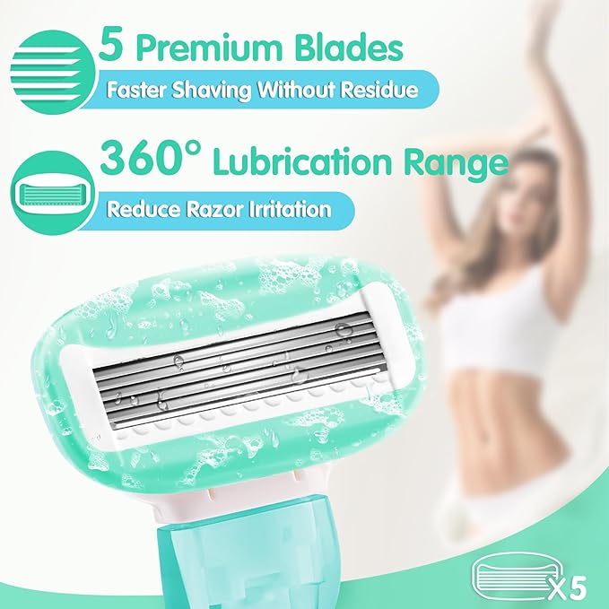 DreamGenius Travel Razors for Women Include 1 Handle and 5 Cartridges, Extra Smooth 5-Blade Travel Essentials Razor with Case for Shaving, Green