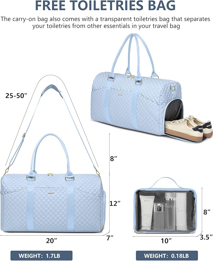 Women Duffle Weekender Travel Bag: Large Duffel Bags with Shoe Compartment Carry On Overnight Tote with Wet Pocket Traveling Weekend Gym Yoga Hospital Bag for Womens Light Blue