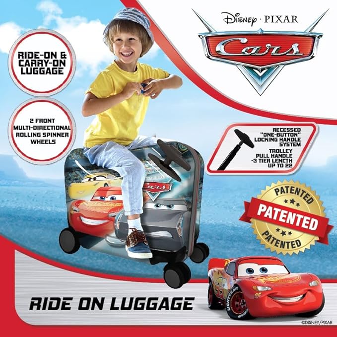 Fast Forward Ride-On 18" Suitcase For Kids/Tow-Along Toddler Carry-On Luggage With Wheels (Cars)