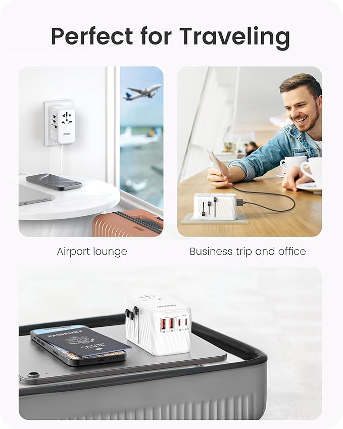 LENCENT Universal Travel Adapter, 100W GaN International Fast Charger with 2 PD3.0 Type C+2 QC USB A, Worldwide Power Adaptor for Phones,Laptops, All in One Travel Essentials for EU/USA/UK/AU, White
