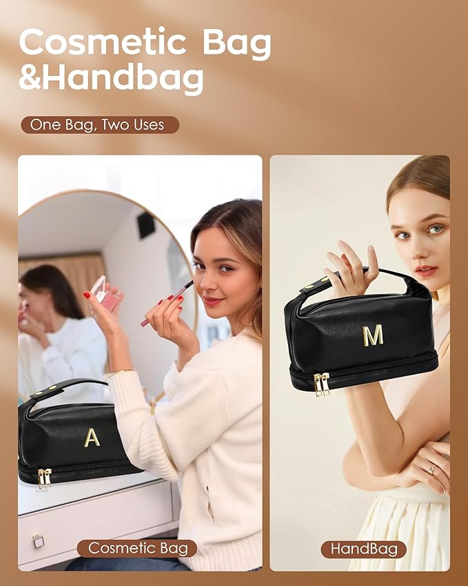 Teacher Gifts-Initial Makeup Bags Personalized Bags with Handle, Women Group Gift Cosmetic Bag, Women Makeup Bags Letter Travel Toiletry Bag with Makeup Brush Organizer-Graduation Gift