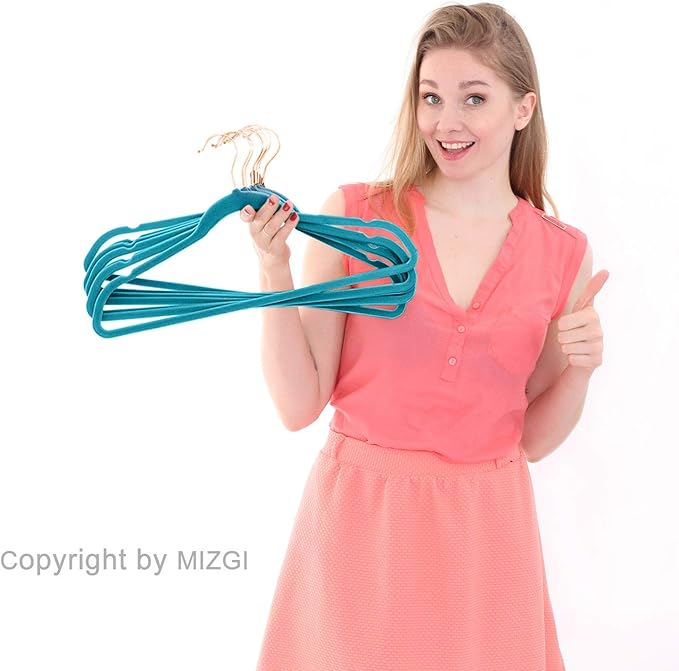 MIZGI Premium Velvet Hangers (50 Pack) Heavy Duty - Non Slip Felt Suit Hanger Teal/Turquoise - Rose Gold Hooks,Space Saving Clothes Hanger