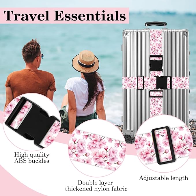 Luggage Straps for Suitcases TSA Approved, Luggage Identifiers for Suitcase, Adjustable Suitcase Strap for Baggage Security with Cute Patten, Travel Necessary Accessories (Peach Blossom)