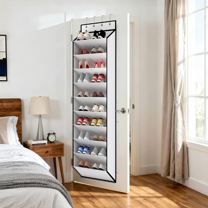KEEPJOY 10 Tiers White Over Door Shoe Organizer Storage, Hanging Shoe Holder for Door with Large Deep Pockets, Fit 20-30 Pairs Shoe Rack for Sneakers, Boots. (White)