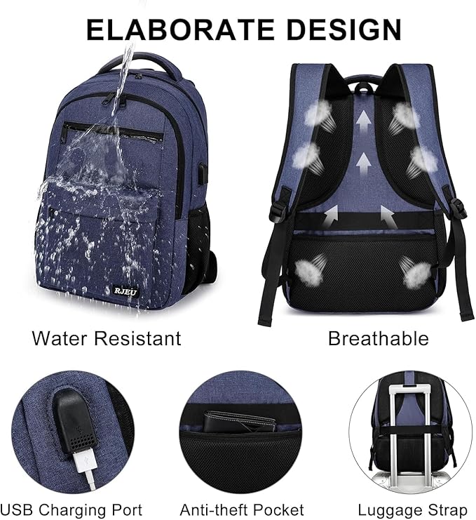School Backpack for Teen Boys, 17.3 Inch Laptop, USB Charging Port, Anti-Theft & Water-Resistant College Bookbag, Durable Student Backpack for High School and University, Blue