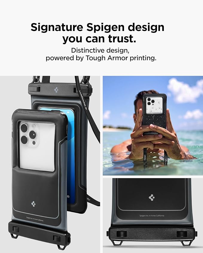 Spigen Aqua Shield 2 Pack Floating Waterproof Phone Pouch A611P for All Phones with Detachable Lanyard, Travel Essentials for Outdoors Activities, Kayak/Cruise/Beach - Black