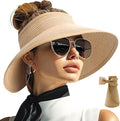 PFFY Sun Hats for Women Straw Beach Hat Packable Foldable Wide Brim Ponytail Travel Visor