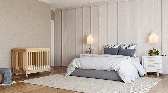 Foundations Boutique Folding Mini Baby Crib - Compact, Portable, Wooden Hotel Crib, Foldable Mini Crib for Baby & Toddlers - Includes 3" Foam Mattress, Natural