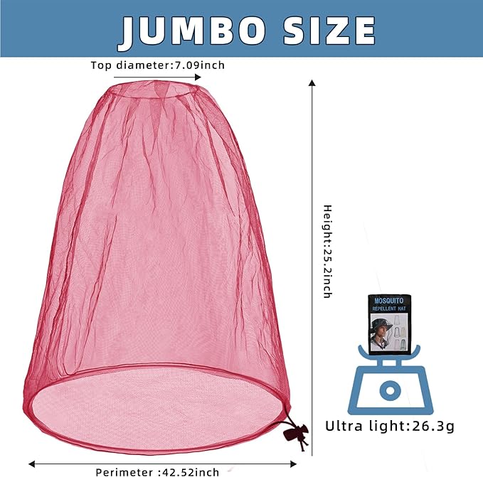 Oversized Mosquito Net 42 x 25 Inches Ultra Large Mosquito Head Net Face Neck Fly Mesh Netting Fits All Hats for Outdoor Camping Hiking Fishing Gardening Safari(Pink)