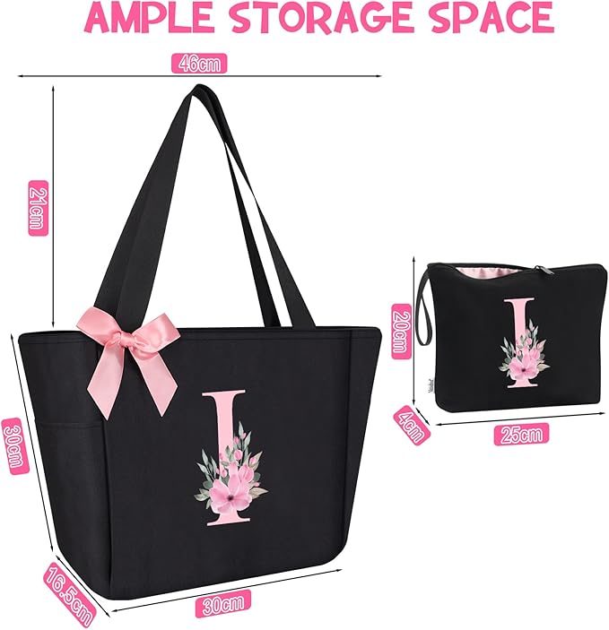 Vavabox Tote Bag, A-Z Initial Monogrammed Waterproof Tote Bag, Bridesmaid Gifts for Women, Black and Pink