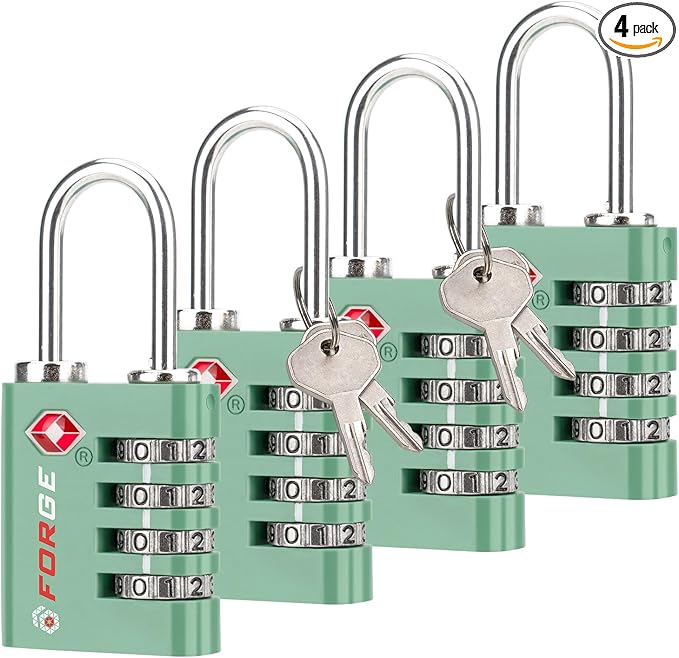 Forge Dual-Opening: Key or Combination Access Lock, TSA Approved Locks for Luggage, Pelican case, Travel, Gym, School, Stainless Steel Shackle. (Green, 4 Pk)