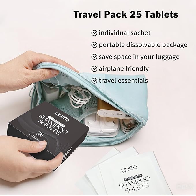 YUCO Travel Hair Shampoo Sheets Travel Pack 25 Tablets,Individual Sachet,for Hair Washing,Calendula officinalis Scent,For Gym,Camping,Vacation,Hotels,Hospital,Business Trip,Flight Travel Essentials