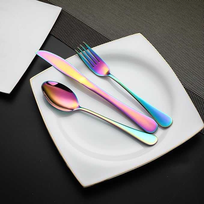 DEVICO Camping Utensils, Portable Travel Utensils with Case, Stainless Steel Reusable Silverware for Lunch Adult, 5Pcs Cutlery Set Includes Knife Spoon Fork Chopsticks and Case (Rainbow)
