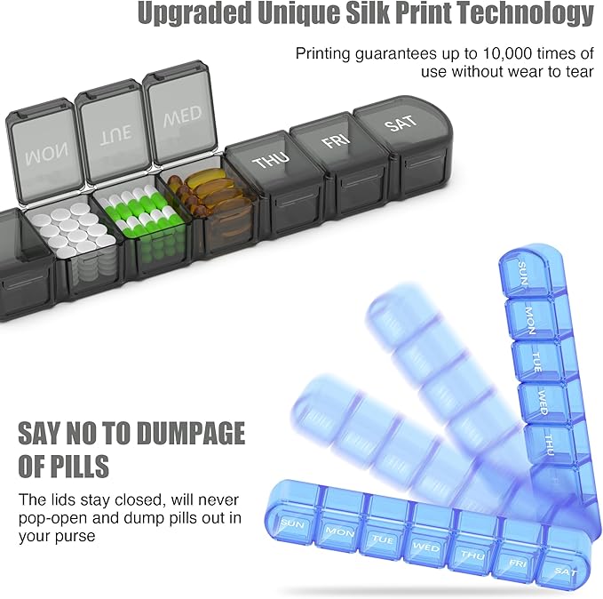 Extra Large Pill Organizer 3 Pack, XL Pill Box 7 Day, Weekly Pill Case with Large Capacity, Jumbo Organizer, BPA Free (Black+White+Blue)