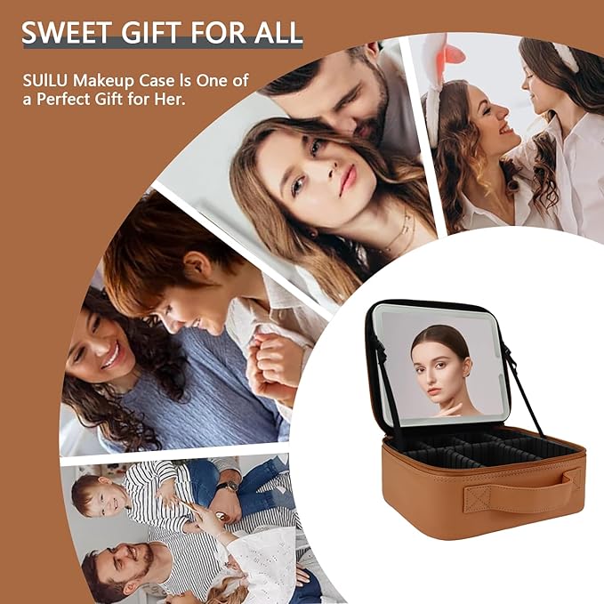 Makeup Bag with Led Mirror,Travel Makeup Organizer with 3 Color Setting, Portable Storage and Adjustable Dividers Travel Makeup Bag(CARAMEL COLOR)