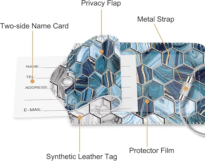 Fintie Luggage Tags, Privacy Cover ID Label with Stainless Steel Loop and Address Card for Travel Bag Suitcase, Agate Hexagons (2 Piece)