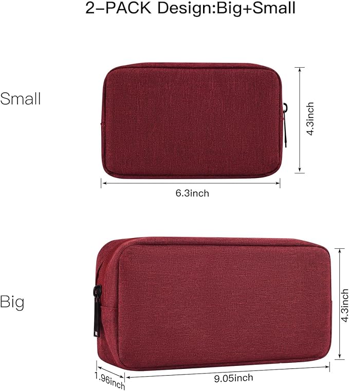 imComor Universal Electronics Accessories Case Bag, 2-Pack Portable Soft Carrying Case Bag Pouch Wire Cable Organizer for Hard Drive, Power Adapter, Laptop Mouse, Cosmetics Kit, Small+Big-Wine Red