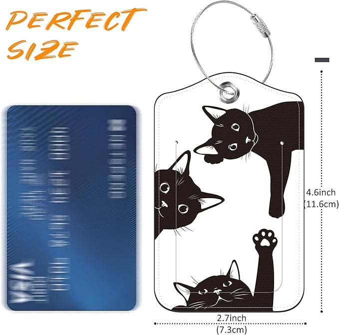 Luggage Tags for Suitcase Black Cats 2 PCS Leather Travel Luggage Tag with Stainless Steel Loop Name ID Label Privacy Cover for Women Men Travel