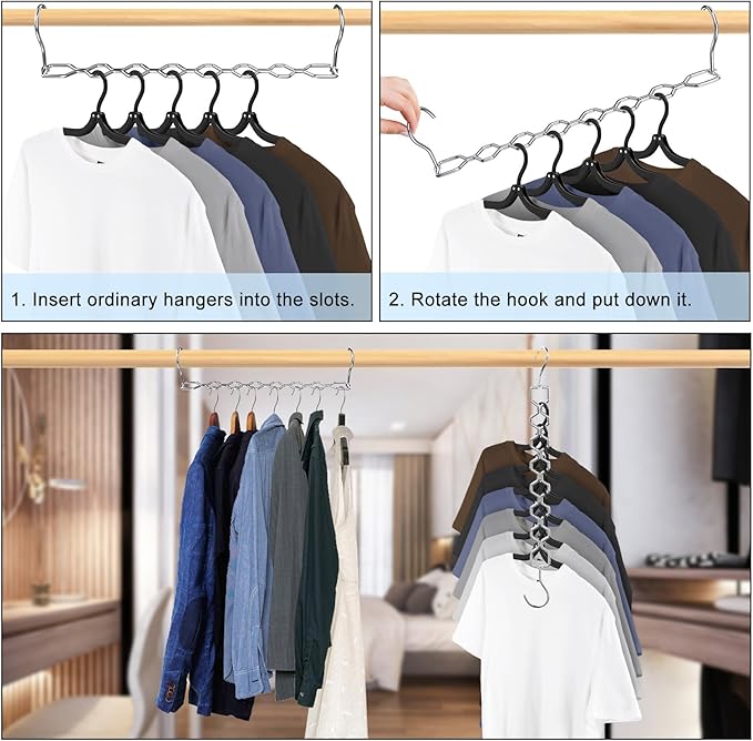 3 Pack Space Saving Hangers for Clothes, Heavy Duty 30Lbs Capacity Magic Clothes Space Saver Sturdy Metal Hanger Organizer with 360° Swivel Hook, Closet Organizers Storage Dorm Essentials Silver