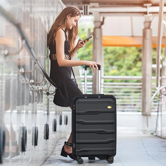 24 Inch Luggage with Spinner Wheels, Hard Shell Suitcase, Lightweight PP Luggages with TSA Lock, Checked-Medium Suitcases 24-Inch, Black