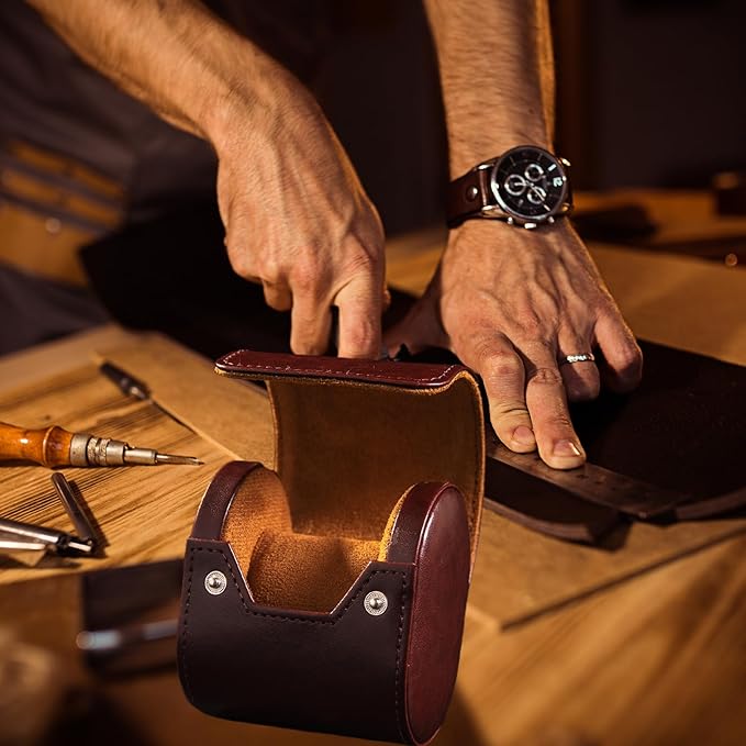 MR.OKAY Single Watch Travel Case- Classic Leather Watch Case With Perfect Texture.Portable Watch Roll Or Organizer For Storage And Display. Luxury Gifts For Men, All Handmade by Artisans.