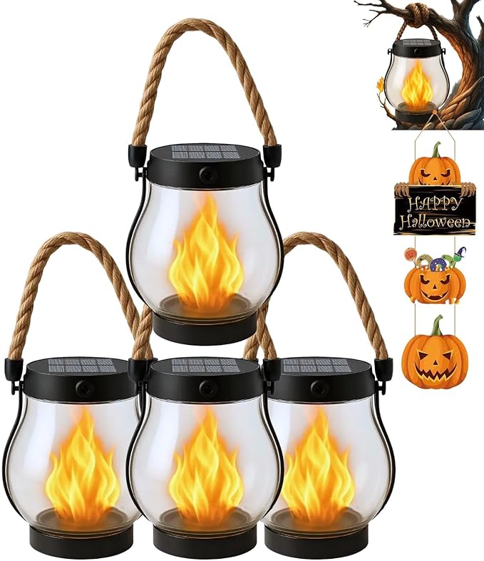 Solar Lantern Outdoor Lights, Flickering LED with Hemp Rope Handle, Dual Charging (Solar & USB), Water-Resistant Hanging Decor for Garden, Yard, Patio, Porch, Pathway, Camping (4)