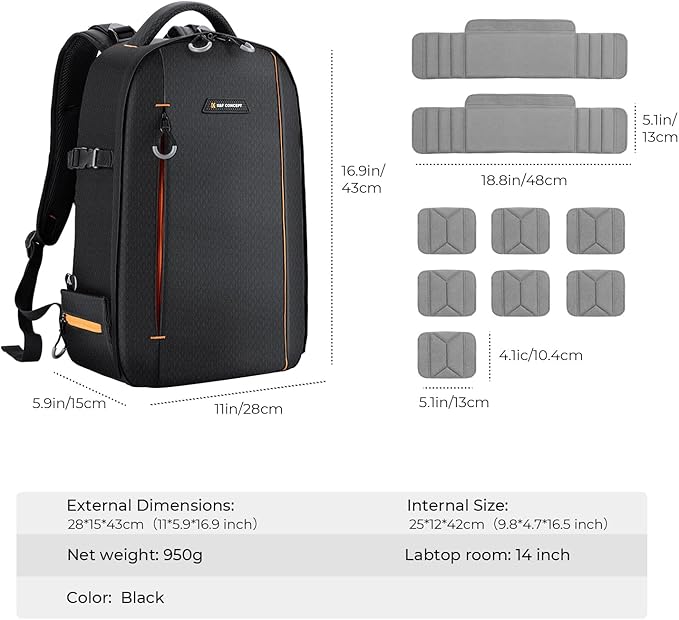 K&F Concept Camera Backpack for Photographers Large Waterproof Photography Camera Bag with Laptop/Tripod Compartment for Men Women Black Orange