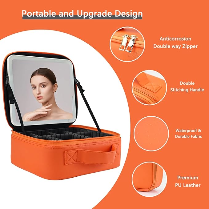 Makeup Bag with Led Mirror,Travel Makeup Organizer with 3 Color Setting, Portable Storage and Adjustable Dividers Travel Makeup Bag(Orange)