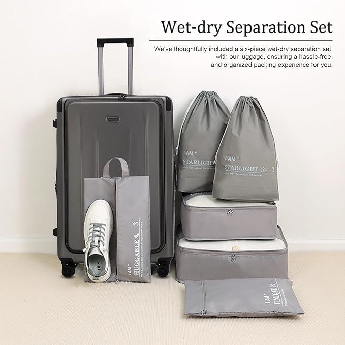 Carry On Luggage, 20 Inch Top Opening Aluminum Frame Lightweight Airline Approved ABS+PC Hard Shell Suitcases with Silent Wheels, TSA Lock, Front Pocket & Wet-dry Separated Six-piece Set