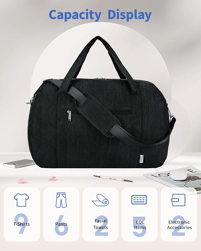 Narwey Carry on Bag 22x14x9 Airlines Approved, Carry on Duffle Bag for Airplane with Wet Pocket, Travel Duffel Bag Luggage Bag Weekender Overnight for Women Men (Black)