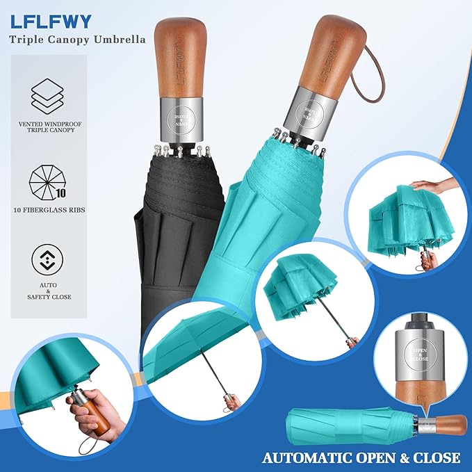 3T Wind Armor Travel Umbrella Compact Easy Auto Open Close Folding Umbrellas for Rain Windproof Umbrella for Women and Men Durable Real Wood Handle Portable Fits Backpack Car