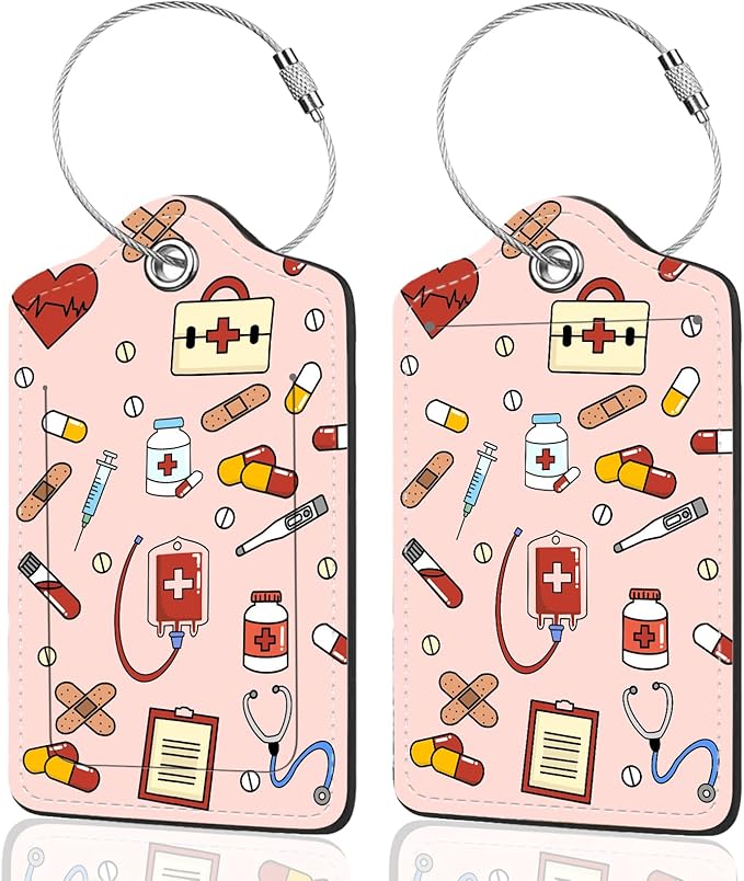 2Pack Luggage Tags for Suitcases, Cute Unique Pu Leather Cruise Luggage Tag with Privacy Cover ID Label Address Card and Metal Ring Suitable for Women Men Kids Travel Bag,Medical Instrument Pattern