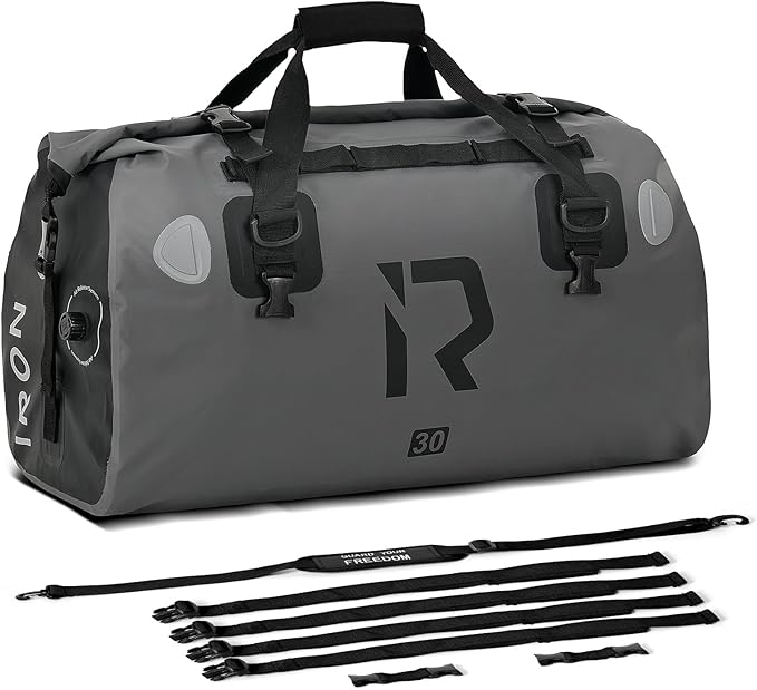 IRON JIA'S Motorcycle Dry Bag - Waterproof Duffle & Luggage Tail Bag Saddle Bags with Roll Top Closure, Shoulder Straps, Inner Pocket and Mesh Pocket (Grey, 30L)