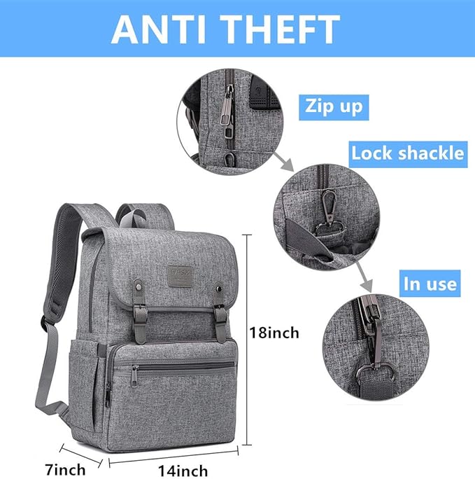 HFSX Laptop Backpack Men Women Vintage Backpack Bookbag College Backpacks Stylish Backpack Grey Fits 15.6 Inch Laptop