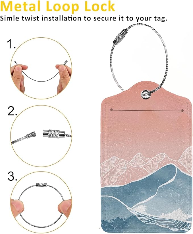 Mountain with Line Art 2 Pcs Luggage Tags,Privacy Cover ID Label with Stainless Steel Loop and Address Card for Travel Bag Suitcase