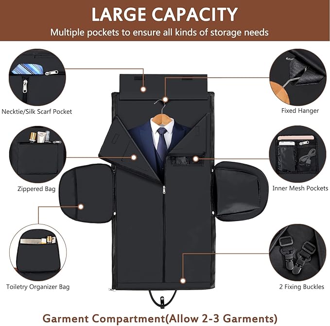 Garment Bag for Travel, Convertible Carry on Garment Duffel Bag for Men 3Pcs Weekender Bag 2 in 1 Hanging Suitcase Suit Bag