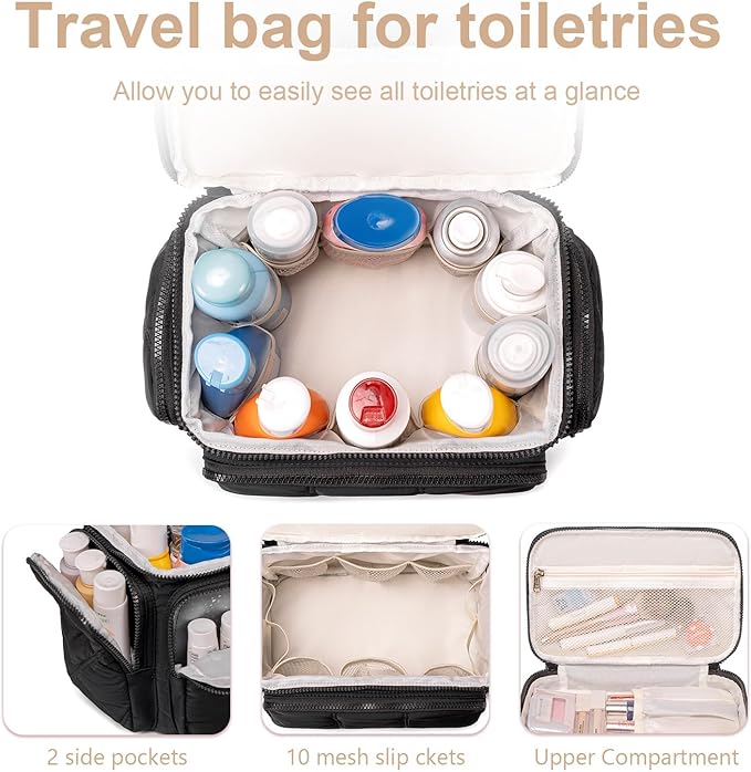 LEDAOU Toiletry Bag for Women,Quilted Travel Makeup Bag Organizer with Double Deck, Large Wide-open Cosmetic Make up Bag for Travel Essentials (Camel)