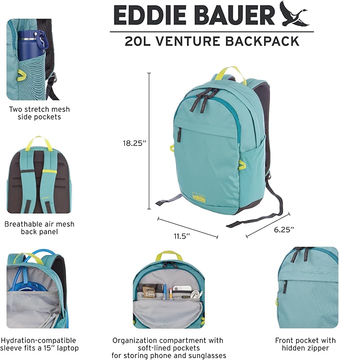 Eddie Bauer 20L Venture Backpack, Hydration and Laptop Compatible Daypack, Carbon Black