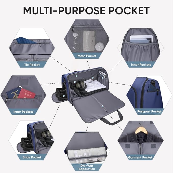 BALEINE Convertible Garment Bag with Shoe Compartment, 2 in 1 Carry on Garment Duffle Bags for Travel, Suit Bag for Men Women (Navy)