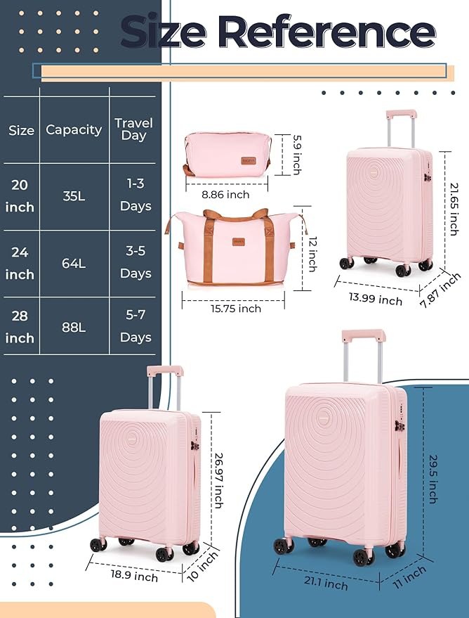 Luggage Sets 5 Piece, Suitcases with Wheels, Hardshell Suitcase Set, PP Carry on Luggage Set with TSA Lock, Travel Luggage