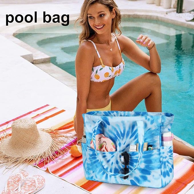 LEDAOU Large Beach Tote Bag Women Waterproof Sandproof Zipper Beach Tote Bag for Pool Gym Grocery Travel with Wet Pocket