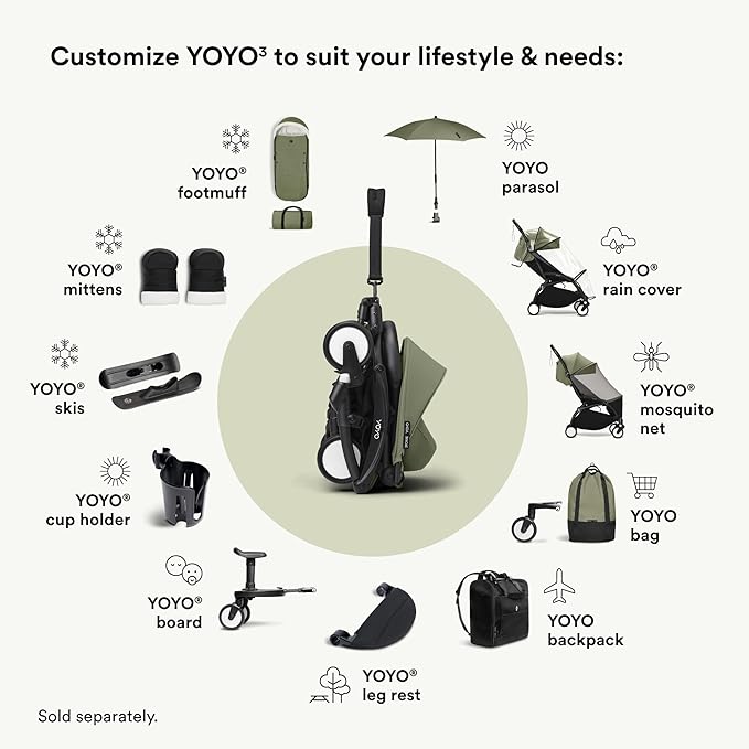 Stokke YOYO3 Stroller from 6 Months - Includes Black Frame/Olive Seat Cushion + Canopy - Folds in & Out in a Flash - Light & Compact - Carry-On Compatible